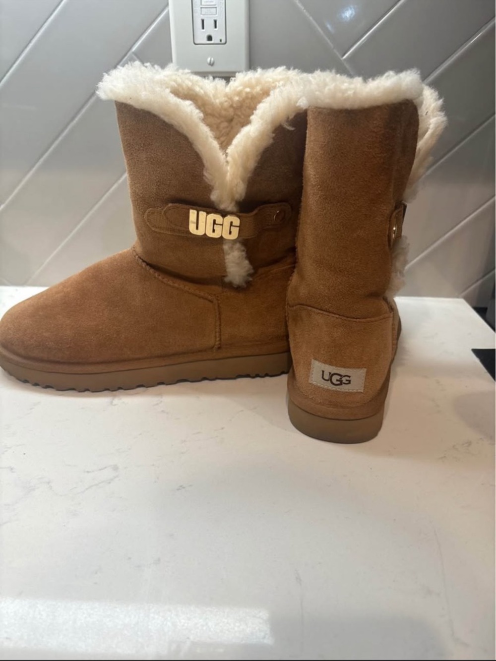 UGG Chestnut Short Suede Boots with Shearling Trim